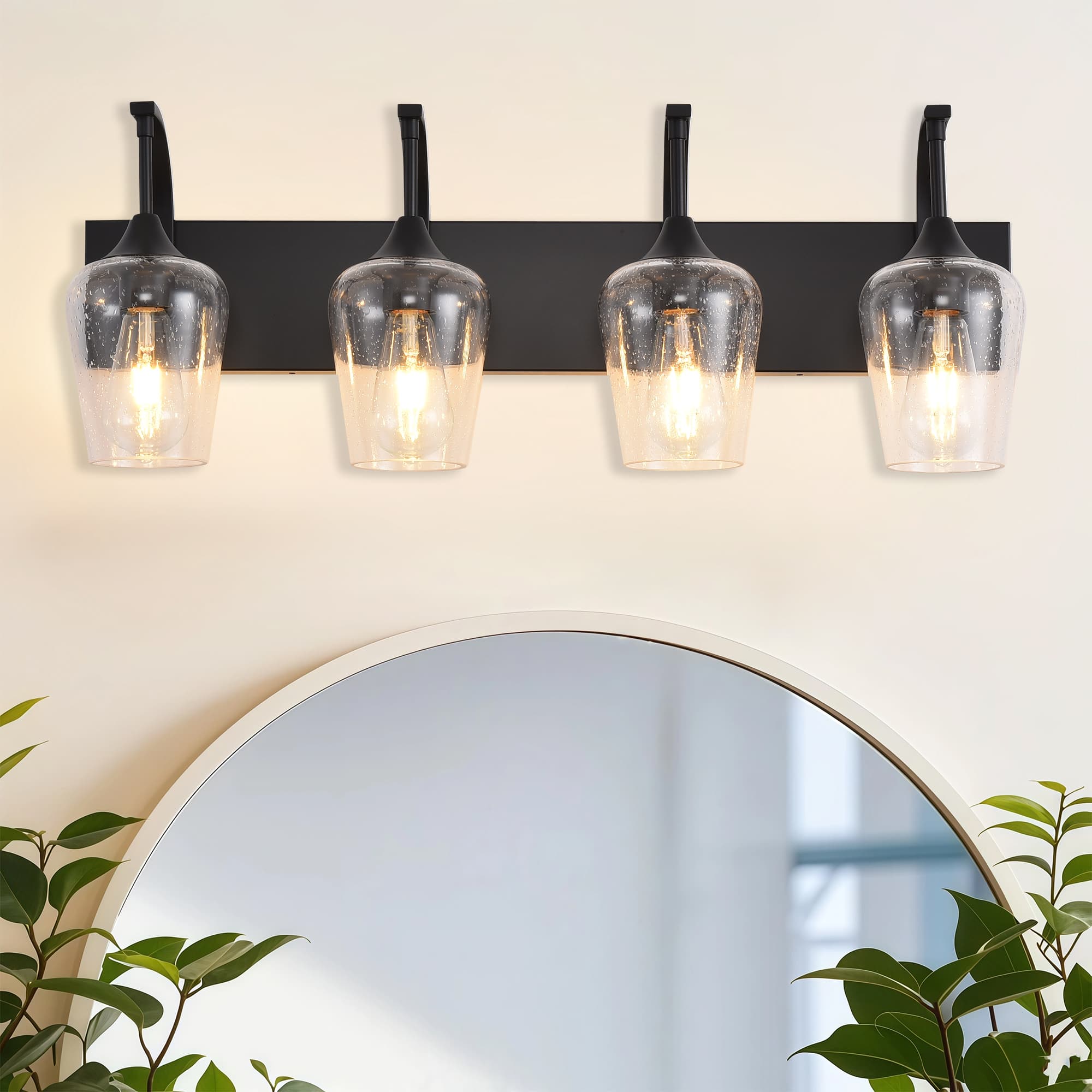 Front. RYHNUYNE - Black Bathroom Light Fixtures,4-Light Industrial Vanity Light with Clear Glass Shades,Bathroom Wall Lamp Over Mirror - Black.