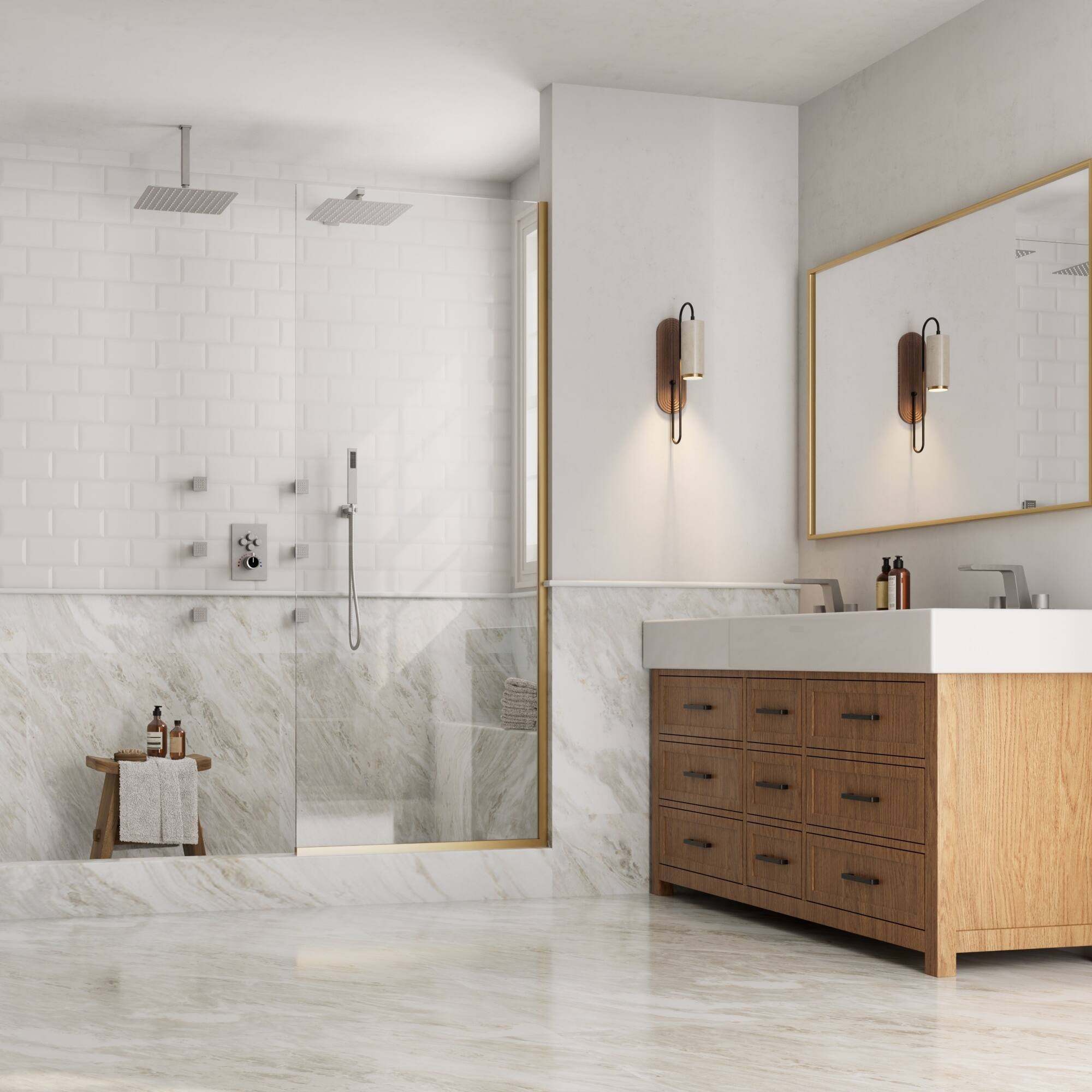 Angle. GRANDJOY - 12 in Dual Rainfall Shower System with 6 Body Sprays, Handheld & 5-Knob Valve, High Flow - Brushed Nickel.