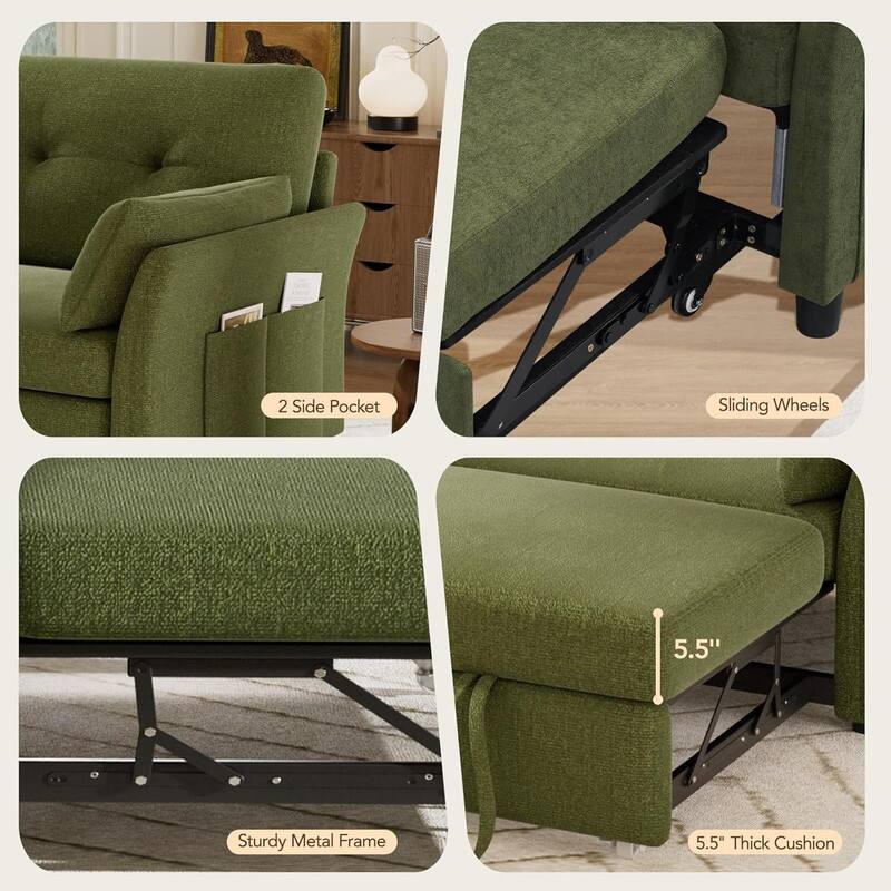 2 Side Pockets, Sliding Wheels, 5.5" Thick Cushion, Sturdy Metal Frame