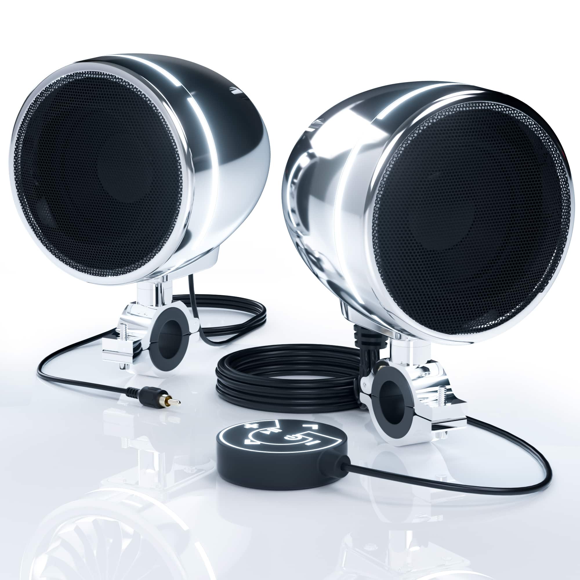 GoHawk - Bluetooth Motorcycle Speakers, 4" Waterproof Stereo Stereo Audio System w/ Built-in Amp, LED Halo, USB for Harley ATV - Chrome