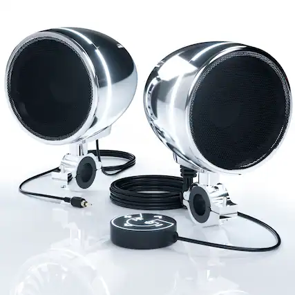 Front. GoHawk - Bluetooth Motorcycle Speakers, 4" Waterproof Stereo Stereo Audio System w/ Built-in Amp, LED Halo, USB for Harley ATV - Chrome.