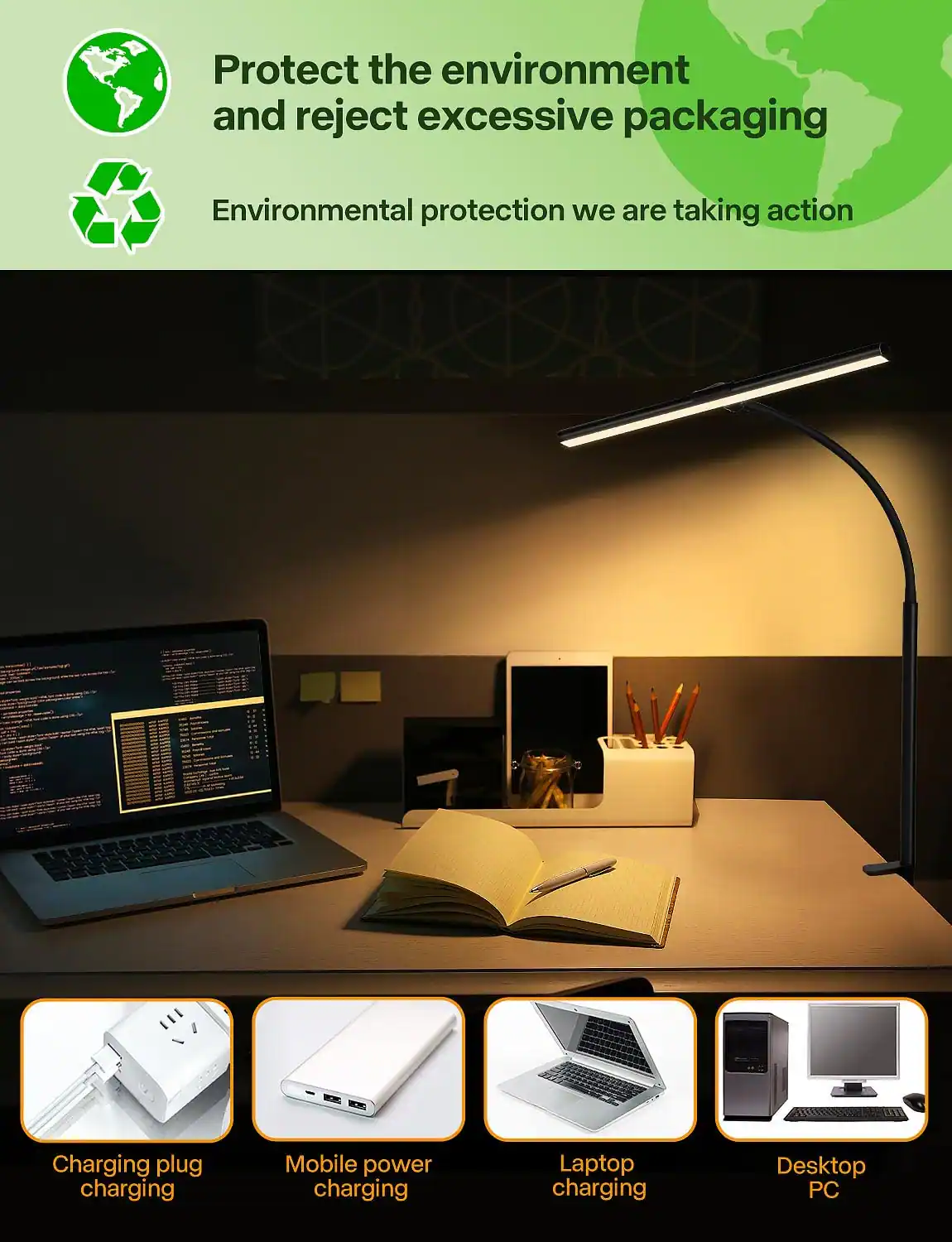 Protect the environment and reject excessive packaging  
Environmental protection we are taking action  

Charging plug charging  
Mobile power charging  
Laptop charging  
Desktop PC