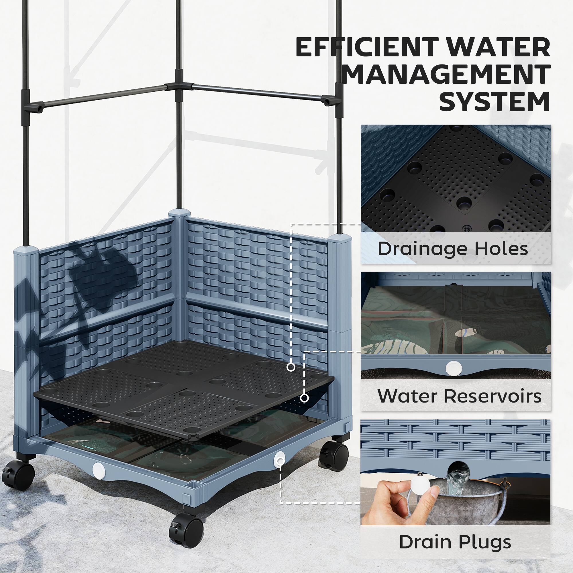 EFFICIENT WATER MANAGEMENT SYSTEM  
- Drainage Holes  
- Water Reservoirs  
- Drain Plugs