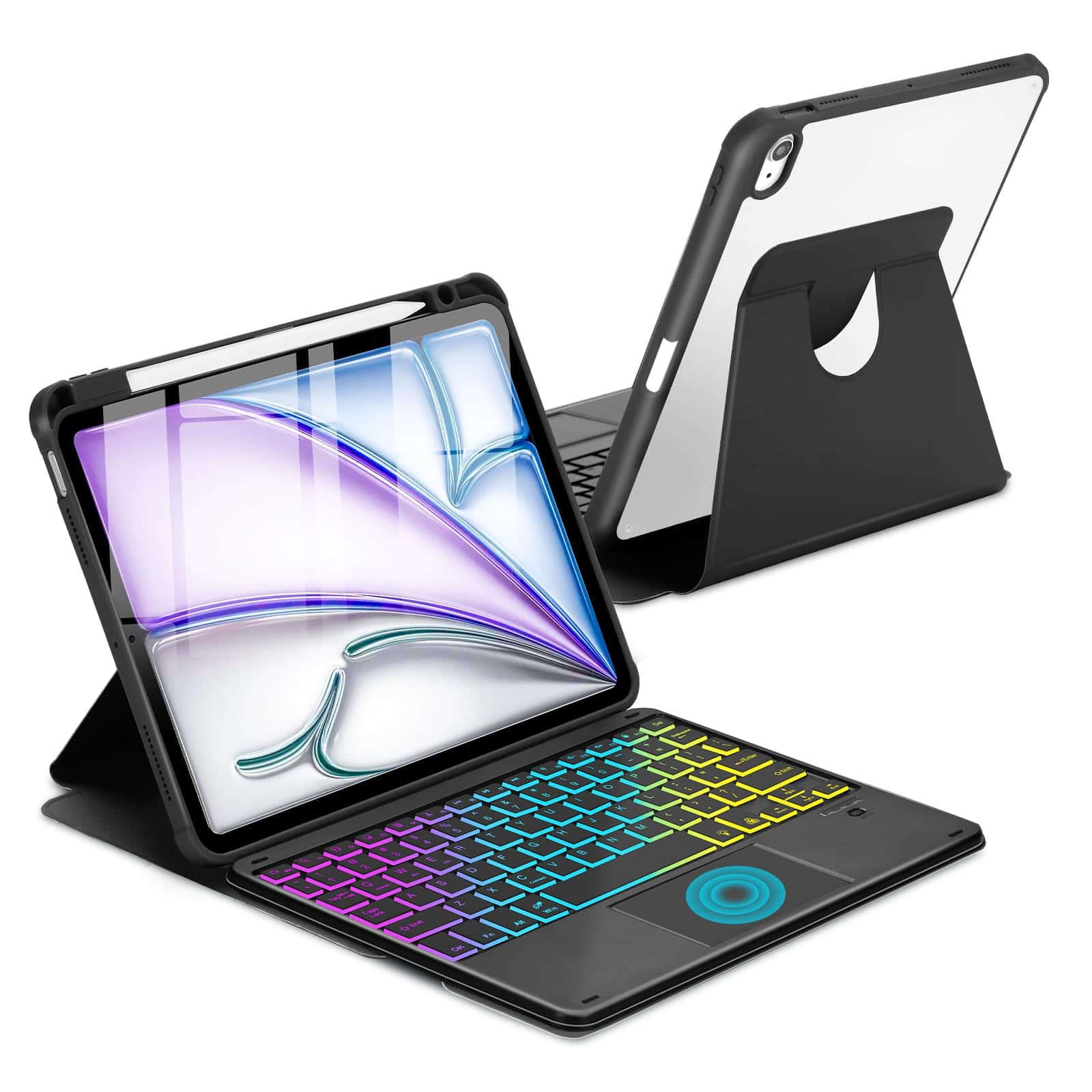 Pacoar Cade - Touchpad Case For Ipad Air 11 Inch M3 2025/m2 2024 7th/6th Generation 360 Rotation Cover With Wireless Backlit - Black-For iPad Air 11 inch M3 M2/Air 5th 4th Gen