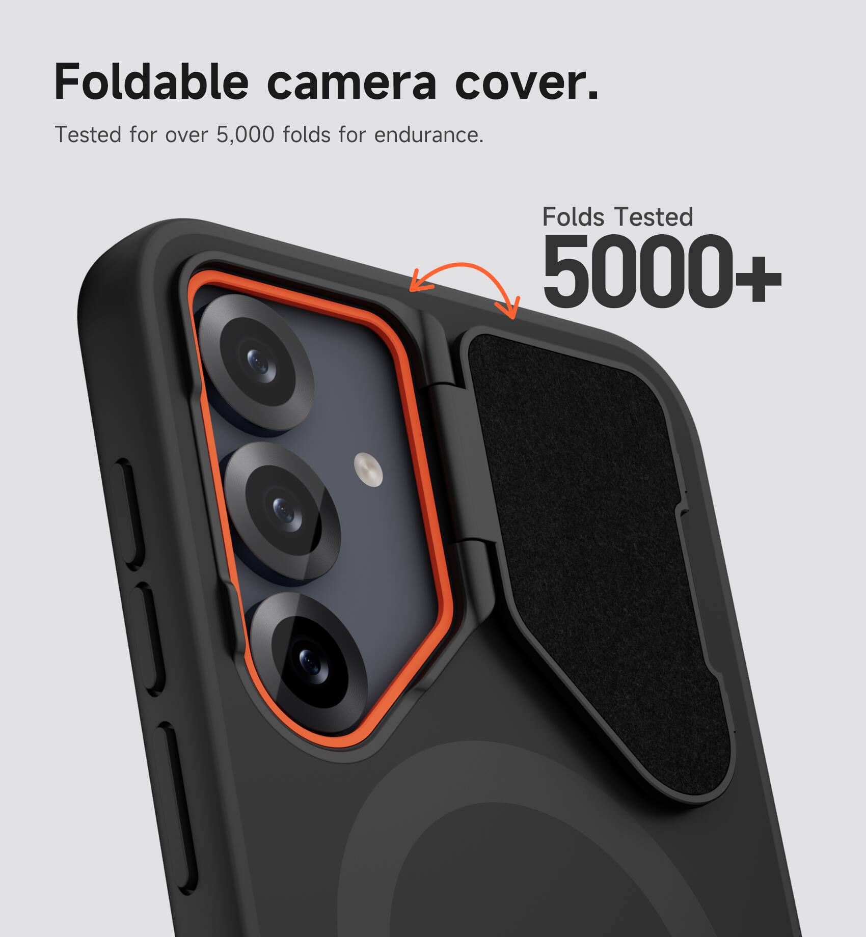 Foldable camera cover.  
Tested for over 5,000 folds for endurance.  
Folds Tested 5000+
