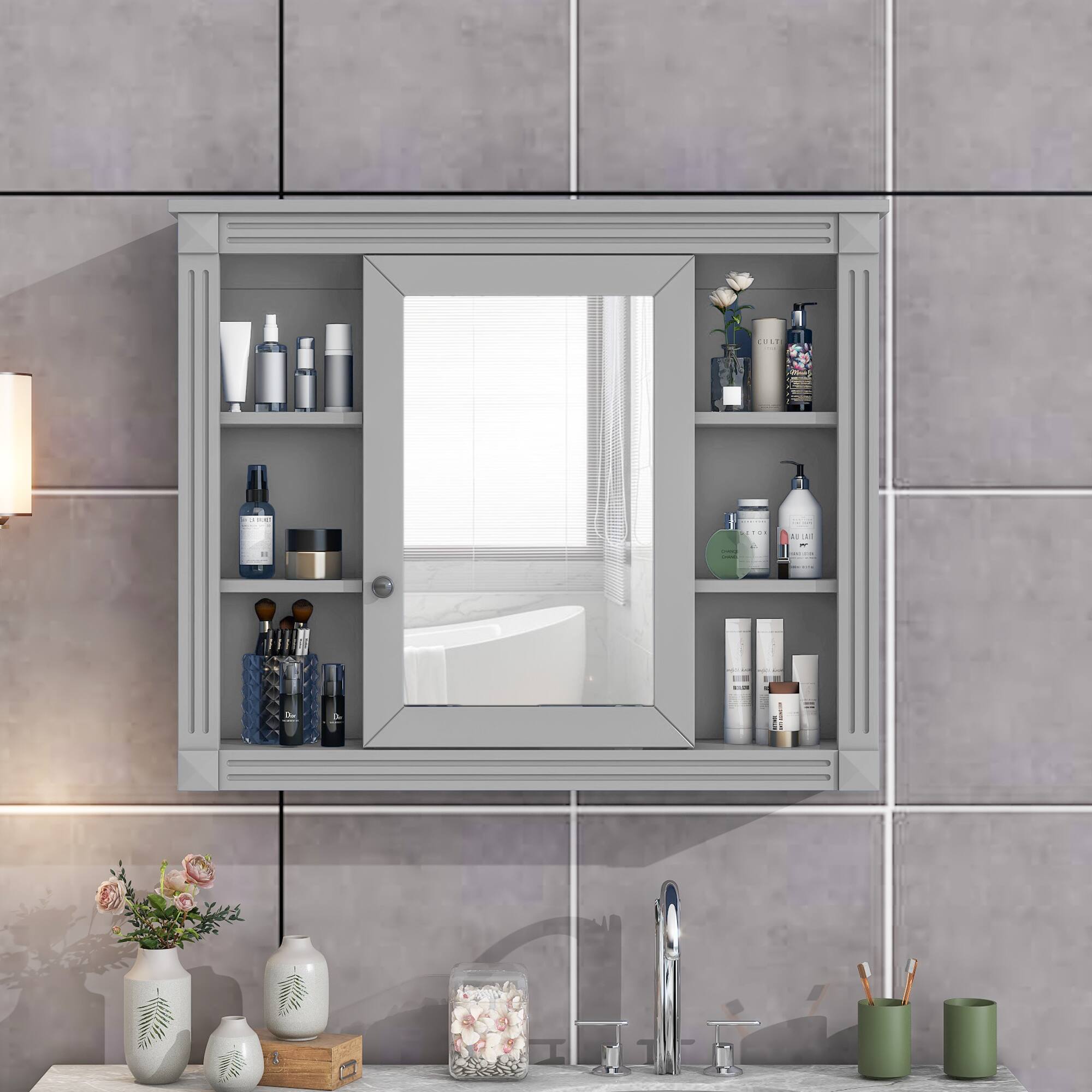 Left. SlickBlue - Wall-Mounted Medicine Cabinet with Mirror and Open Shelving Design - Grey.