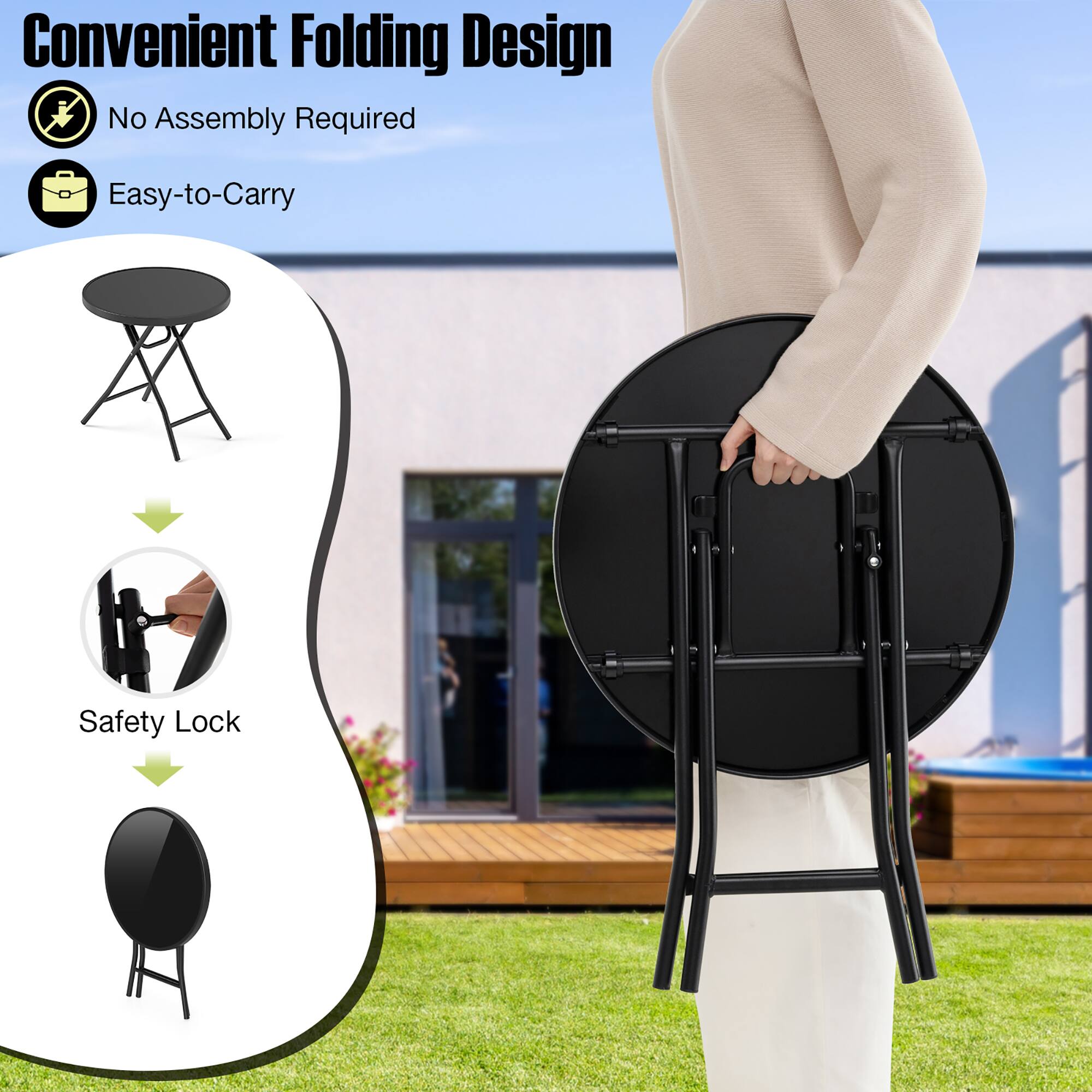 Convenient Folding Design  
No Assembly Required  
Easy-to-Carry  
Safety Lock
