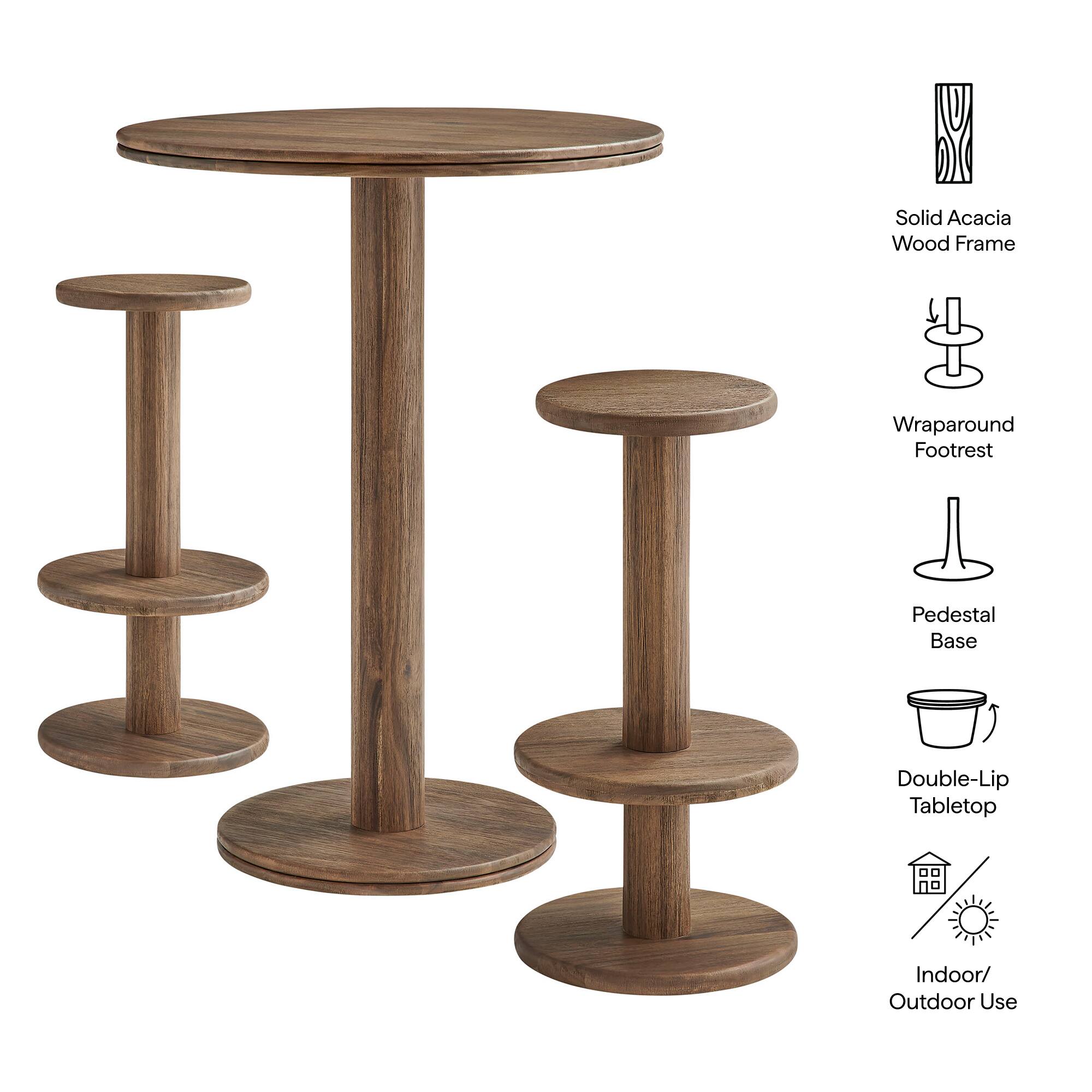 Solid Acacia Wood Frame  
Wraparound Footrest  
Pedestal Base  
Double-Lip Tabletop  
Indoor/Outdoor Use
