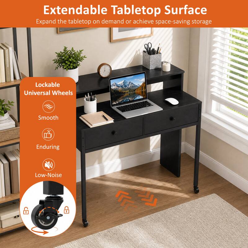 Extendable Tabletop Surface  
Expand the tabletop on demand or achieve space-saving storage.  

4. Lockable Universal Wheels  
Smooth  
Enduring  
Low-Noise
