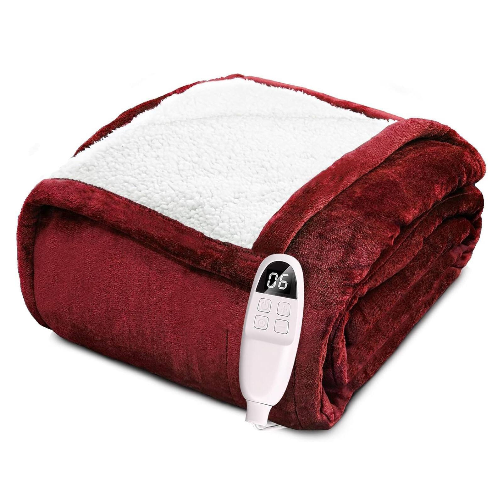 Angle. AENKYO - 72"x84" Heated Blanket Throw Blanket Fast Heating Flannel Electric Blanket with 10 Time Settings 6 Heating Settings - Red.