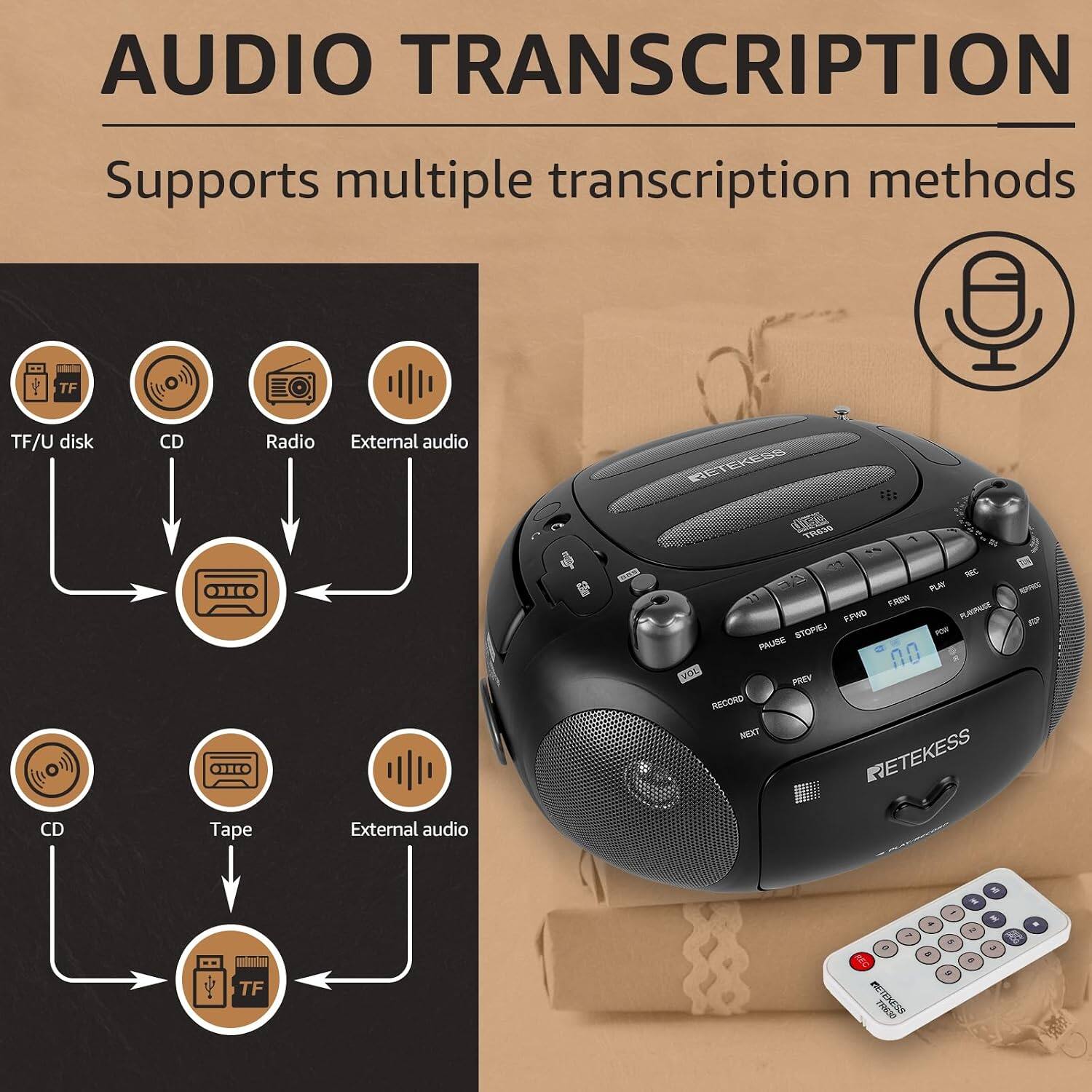 AUDIO TRANSCRIPTION  
Supports multiple transcription methods  
TF  
TF/U disk  
CD  
Radio  
External audio  

RETEKESS TR630  

CD  
Tape  
External audio  

REC PLAY KEEPERS FREW F.PND FLAVOASE S2 STOP IEJ POST PAUSE VOL 00 PREV RECORD NEXT NETEKESS  
TF  
7 o REC KETEKESS LIKET TR630  
8  
: 5  
* 2 o  
3  
188