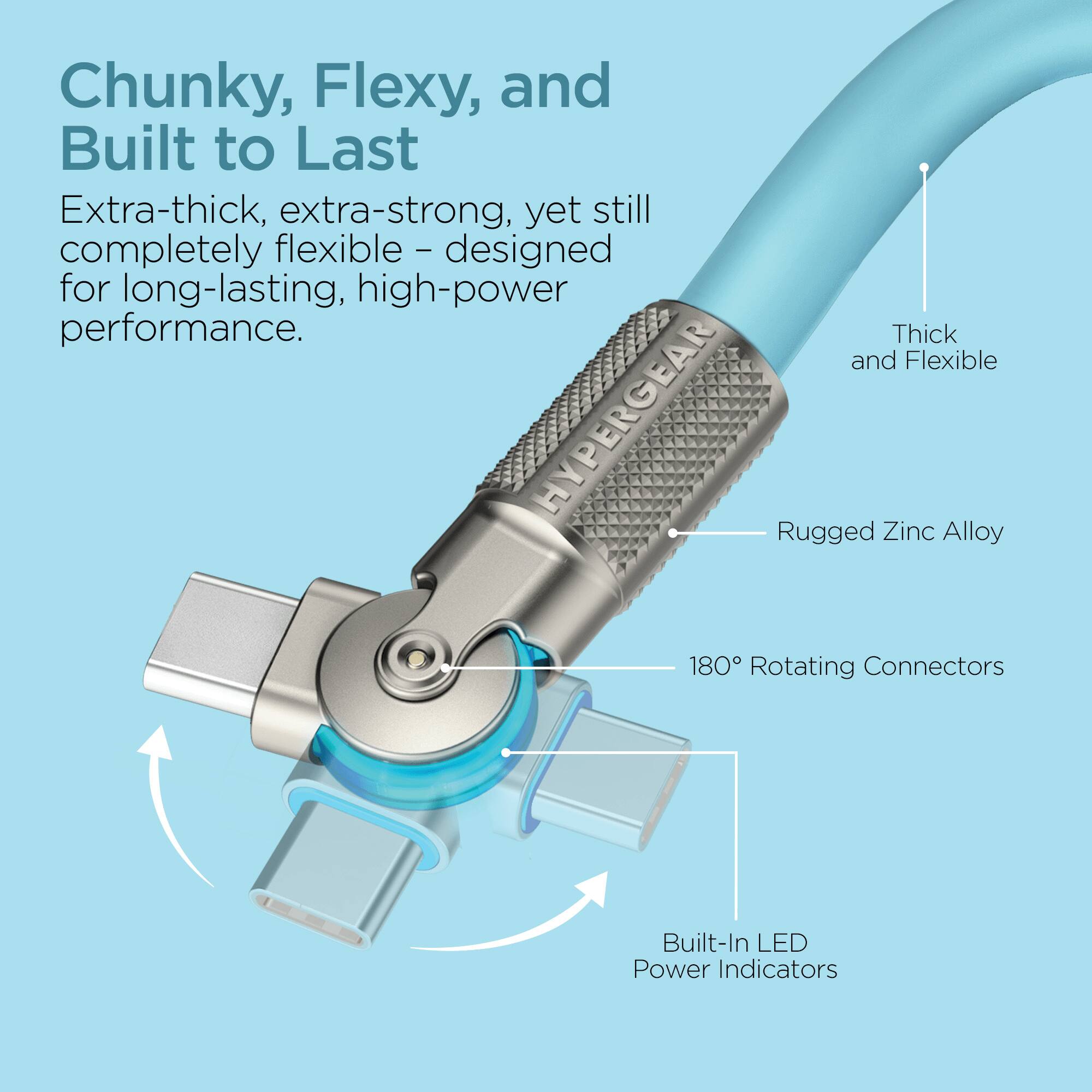 Chunky, Flexy, and Built to Last

Extra-thick, extra-strong, yet still completely flexible - designed for long-lasting, high-power performance.

Thick and Flexible HYPERGEAR

Rugged Zinc Alloy 180° Rotating Connectors

Built-In LED Power Indicators