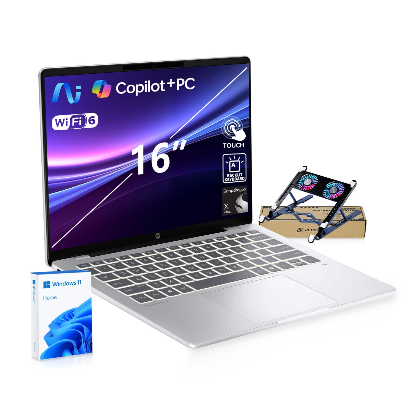 HP - OmniBook 5 16" FHD+ Touch Laptop - Qualcomm Snapdragon X Plus - 32GB RAM 1TB SSD - Copilot+ PC - PCO Laptop Cooler - Silver