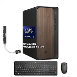HP - Upgraded - OmniDesk Desktop (Ultra 7-265, 64GB, 4TB SSD, Intel Graphics, WiFi 6, Bluetooth 5.4, DP, HDMI, Win 11 Pro) w/USB Hub - Dark Wood