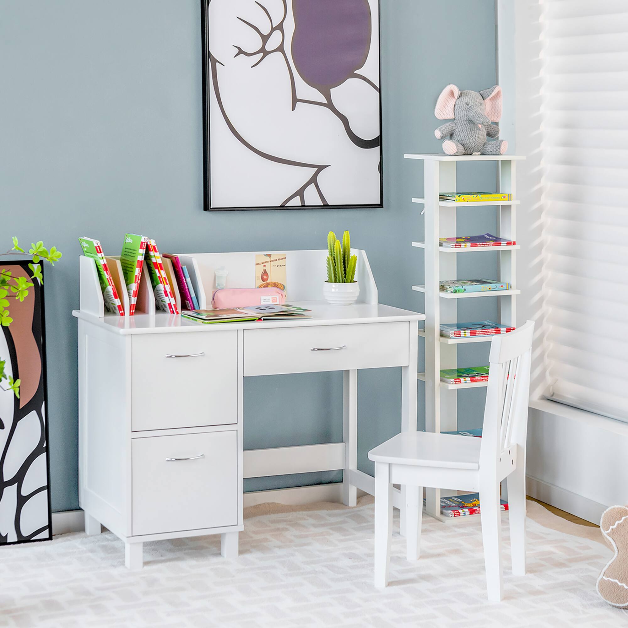Alt View 1. Costway - Costway Kids Wooden Study Desk & Chair Writing Table w/Drawer Storage Cabinet - White.