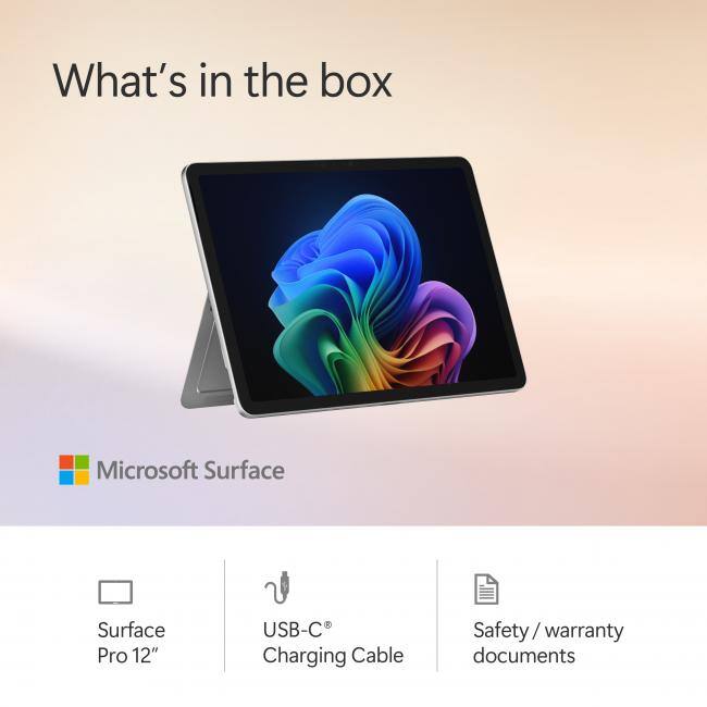 What's in the box

Microsoft Surface

- Surface Pro 12"
- USB-C Charging Cable
- Safety / warranty documents