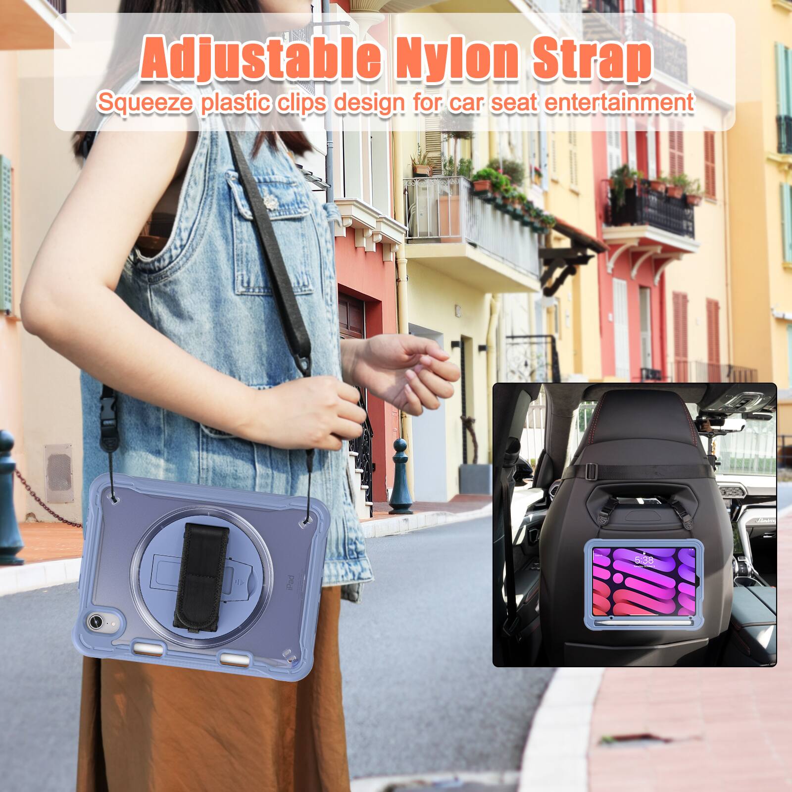 Adjustable Nylon Strap  
Squeeze plastic clips design for car seat entertainment