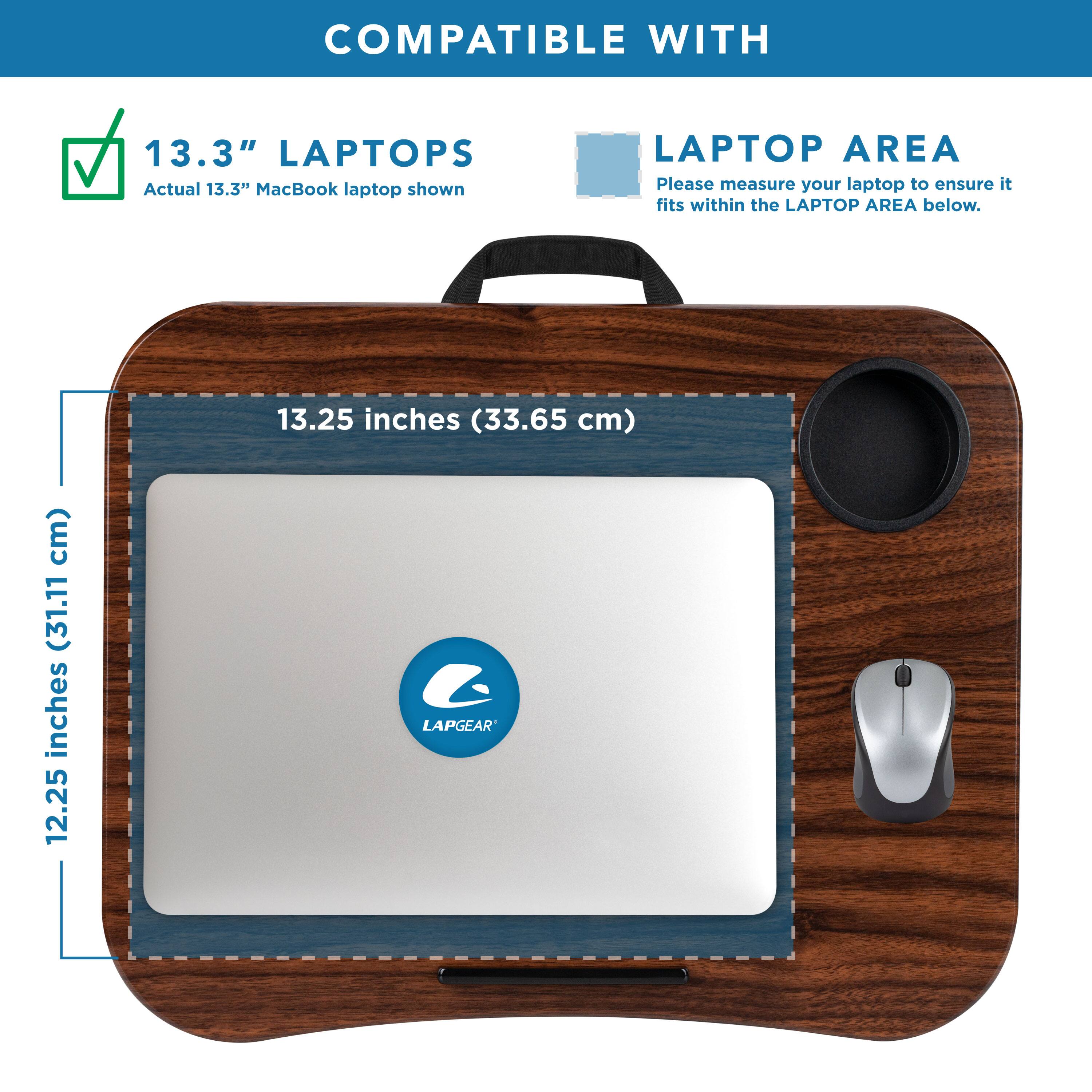 COMPATIBLE WITH 13.3" LAPTOPS  
Actual 13.3" MacBook laptop shown  

LAPTOP AREA  
Please measure your laptop to ensure it fits within the LAPTOP AREA below.  

13.25 inches (33.65 cm)  
12.25 inches (31.11 cm)