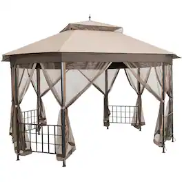 Costway - 10' x 12' Octagonal Patio Gazebo Canopy Shelter Double Top W/Netting Sidewalls - Brown