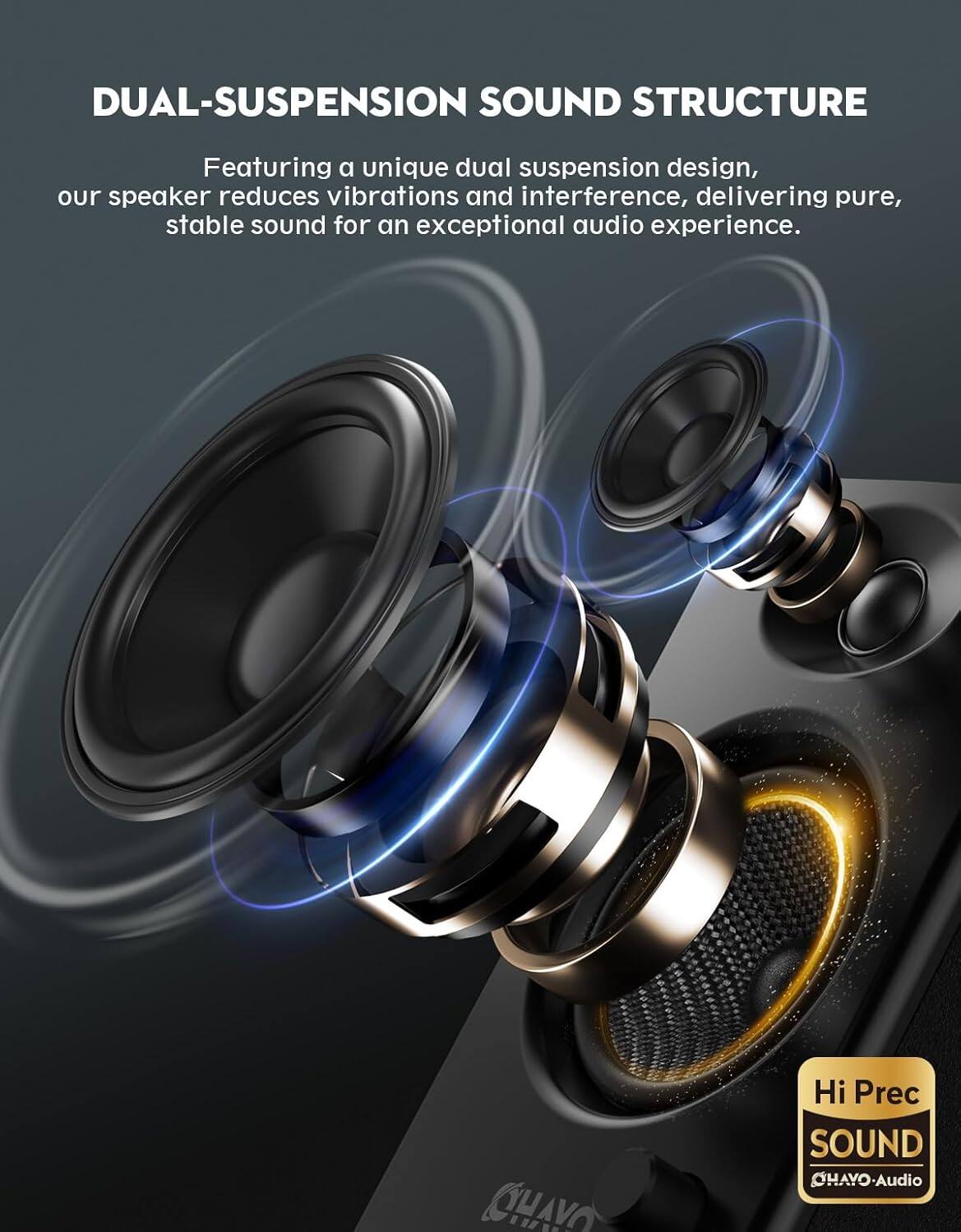 DUAL-SUSPENSION SOUND STRUCTURE  
Featuring a unique dual suspension design, our speaker reduces vibrations and interference, delivering pure, stable sound for an exceptional audio experience.  

Hi Prec SOUND  
CHAVO Audio