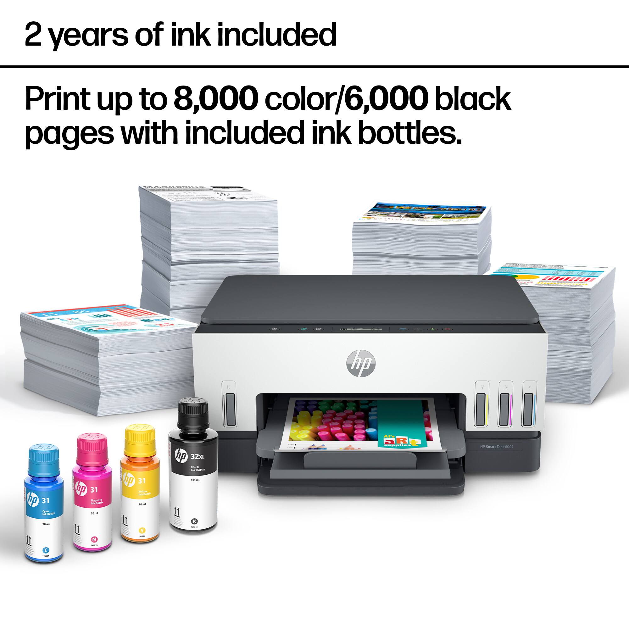2 years of ink included

Print up to 8,000 color/6,000 black pages with included ink bottles.