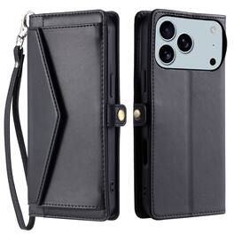 Dteck - Foilo Wallet Case for Apple iPhone 17 Pro Max,Shockproof Card Holder PU Leather Magnetic Snap Phone Cover with Lanyard - Black