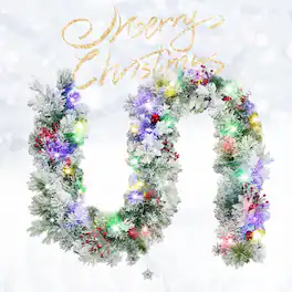 Oumilen - 9FT Pre-Lit Flocked Christmas Garland – Battery Operated Timer, Snowy Pine with Berries for Fireplace