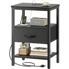 AENKYO - Bedside Table Nightstand with Built-in USB/ C-type Port Sockets and Adjustable Drawers - Black