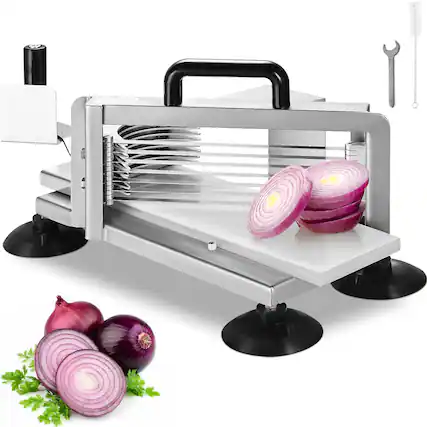 Front. VEVOR - Commercial Tomato Slicer, 3/8 inch Tomato Cutter Slicer, Stainless Steel Heavy Duty Tomato Slicer Machine - Stainless steel color.