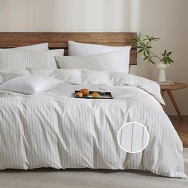 PO3TICJUNKI3 - Striped Duvet Cover Set Washed Cotton Linen Feel Wrinkle Comfy Lightweight Bedding full Wide Stripe - Wide Stripe-white/Green-Full(80" x 90")