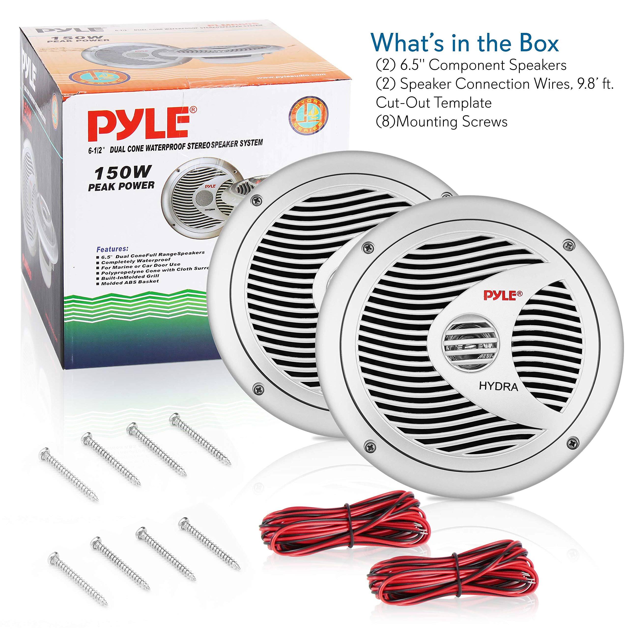 PYLE BSUCO PCP SE-6.5" DUAL CONE WATERPROOF STEREOSPEAKER SYSTEM 6-12 150W PEAK POWER

What's in the Box:
(2) 6.5" Component Speakers
(2) Speaker Connection Wires, 9.8' ft.
Cut-Out Template
(8) Mounting Screws

Features:
- Cone-Full Range Speakers
- Completely Waterproof
- For Marine Use
- Polypropylene Cone with Cloth Surround
- Built-in MDF Basket

PYLE HYDRA