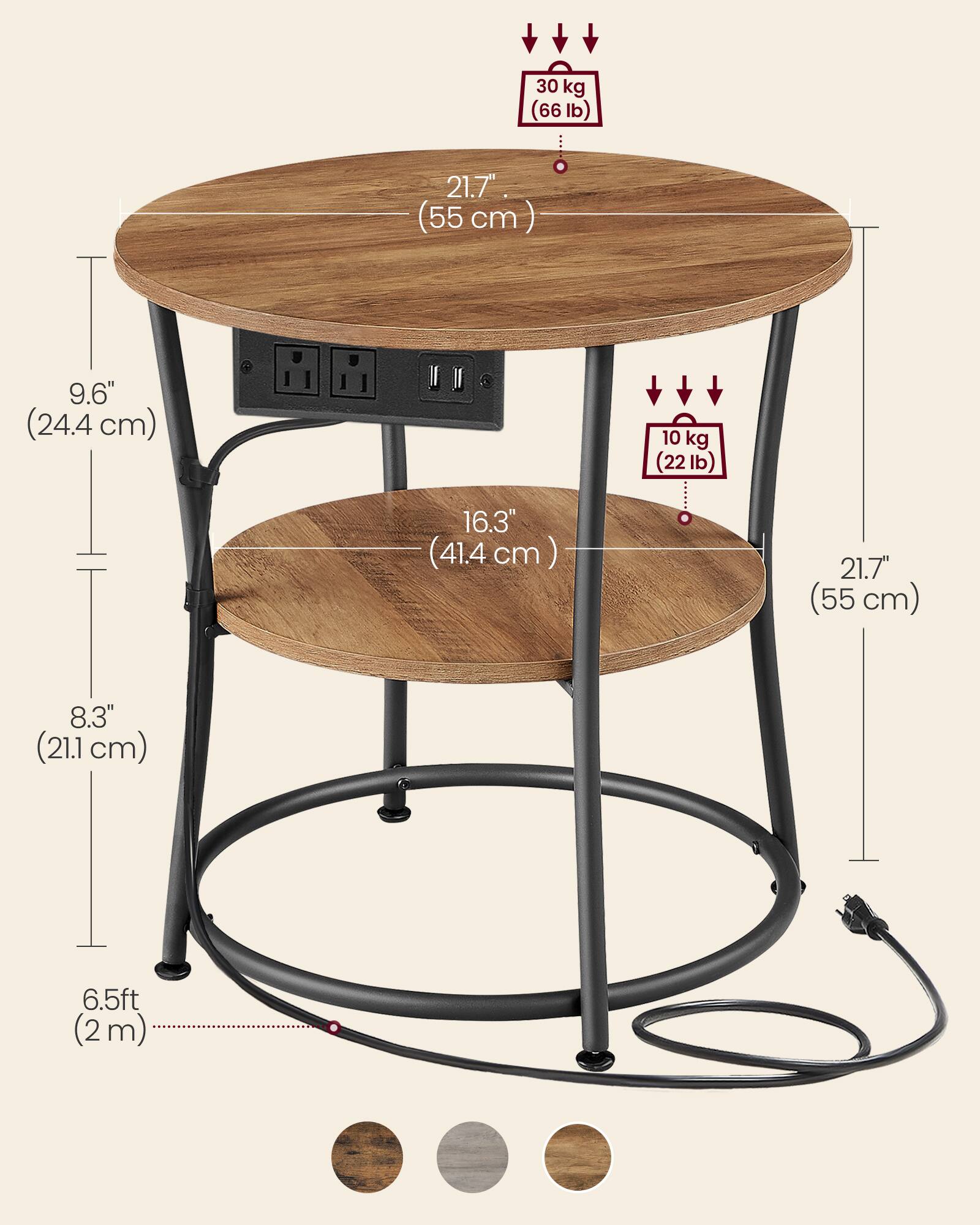 30 kg (66 lb)  
21.7" (55 cm)  
9.6" (24.4 cm)  
10 kg (22 lb)  
16.3" (41.4 cm)  
8.3" (21.1 cm)  
6.5 ft (2 m)