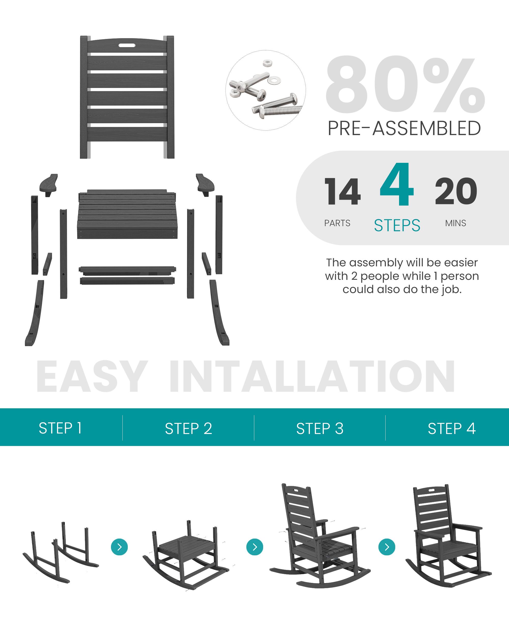80% PRE-ASSEMBLED  
14 PARTS  
4 STEPS  
20 MINS  

The assembly will be easier with 2 people while 1 person could also do the job.  

EASY INSTALLATION  
STEP 1  
STEP 2  
STEP 3  
STEP 4