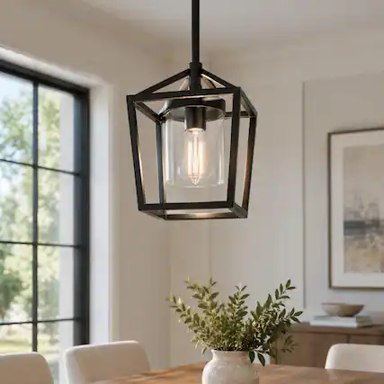 Front. Jandcase - JANDCASE 1-Light Farmhouse Pendant Light, Clear Glass Shade, Black Finish, E26 Socket, Non-Integrated Bulbs, for Island - Black.