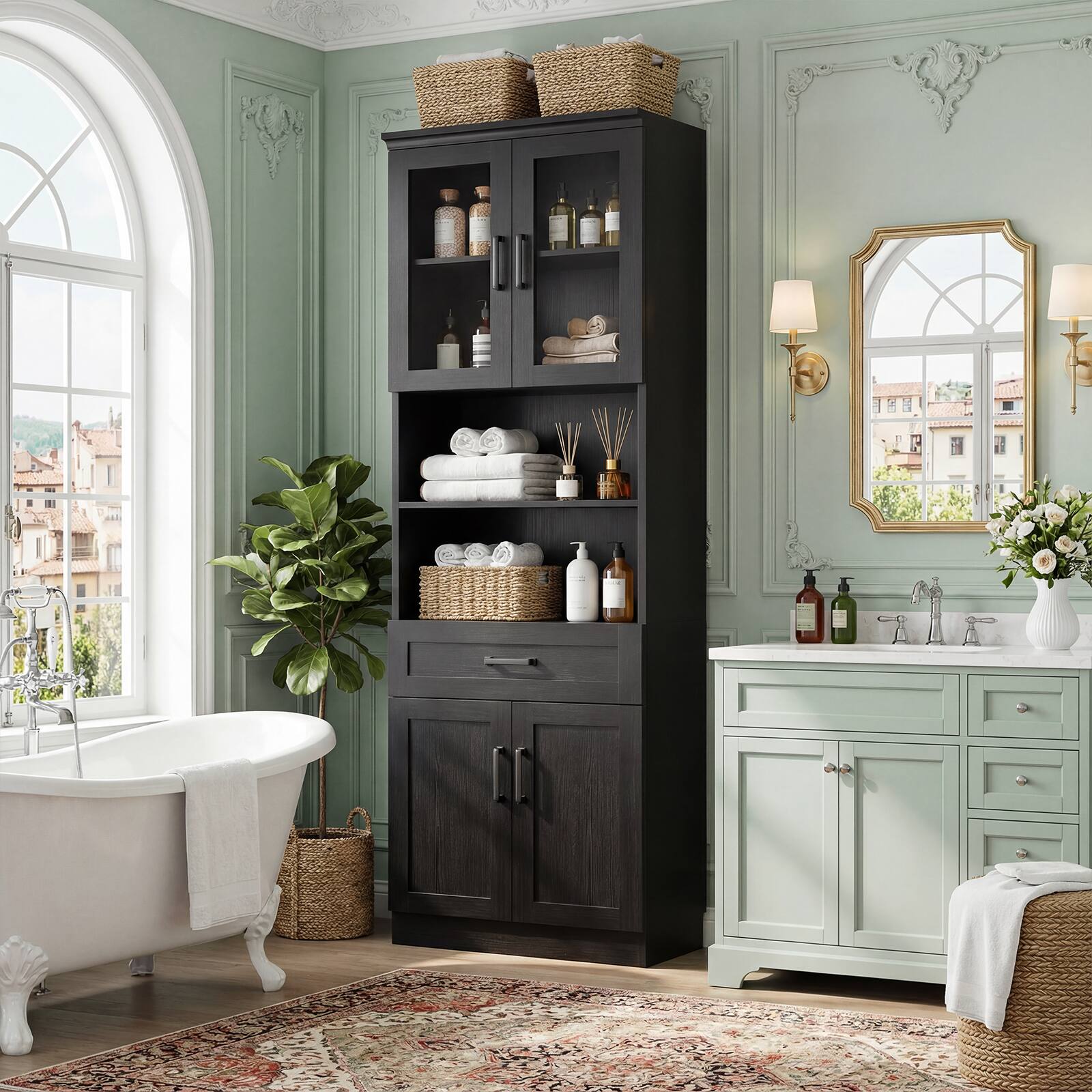 Alt View 2. Aheaplus - 79.7" Tall Kitchen Pantry Storage Cabinet, Kitchen Hutch Cabinet with Glass Door, Adjustable Shelves and Drawer - Black.