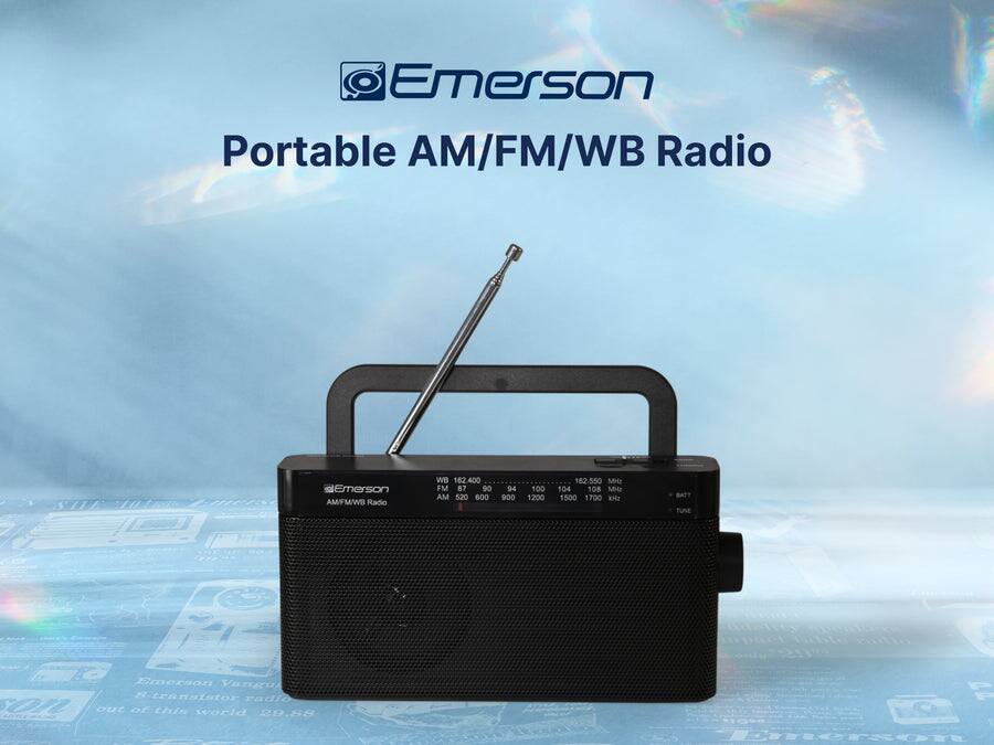 Emerson Portable AM/FM/WB Radio

WB 162.400 FM 87 90 AM 520 600 94 900 100 1200 182 .550 M 104 108 M 1500 1700 kHz

BATT TUNE

Emerson Vanguish 8-transistor radio

Out of this world 20.88