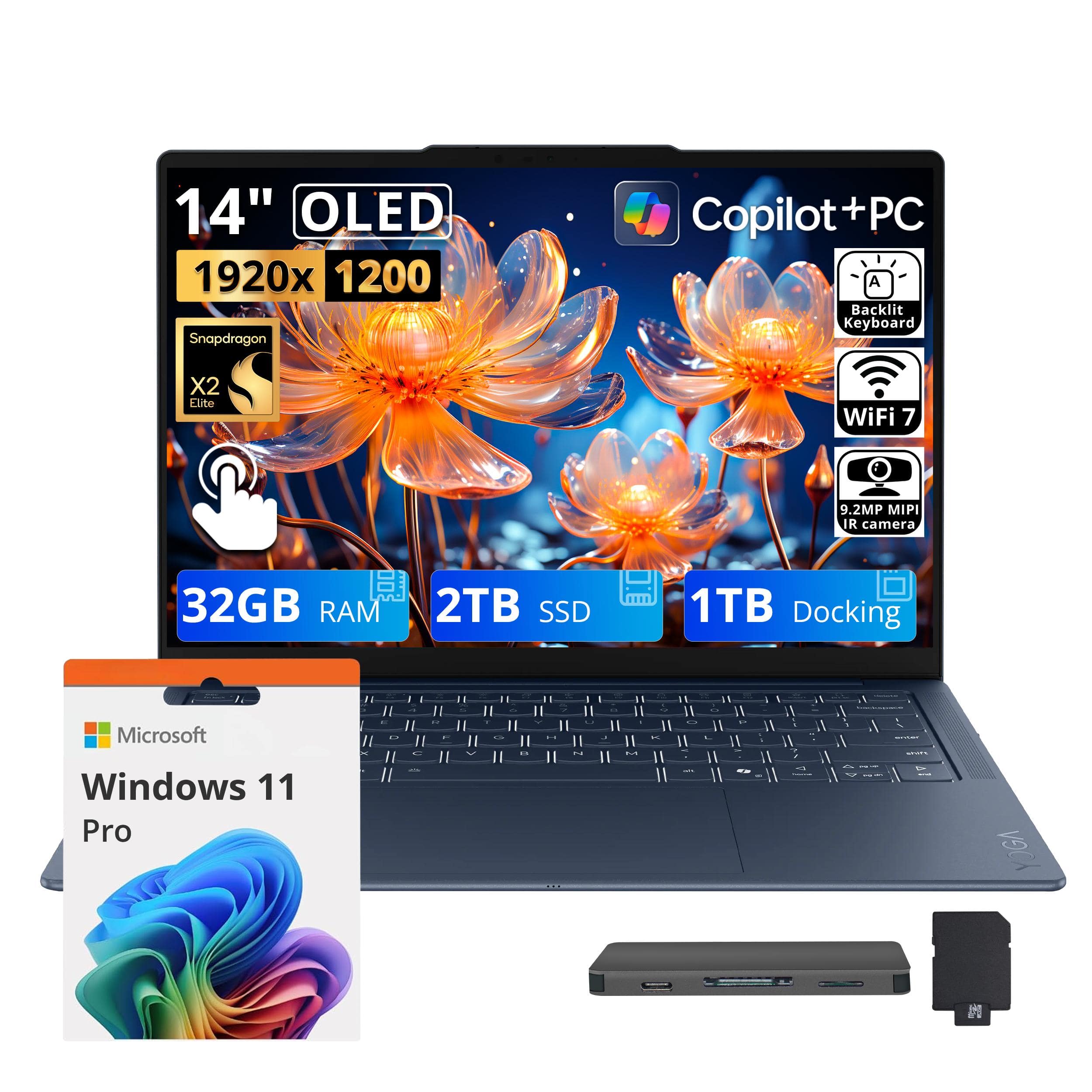 Lenovo - Upgraded - Yoga Slim 7X 14" WUXGA Touch Laptop,Snapdragon X2 Elite,32GB RAM,2TB SSD+1TB Dock,Backlit,Win11 Pro - Cosmic Blue
