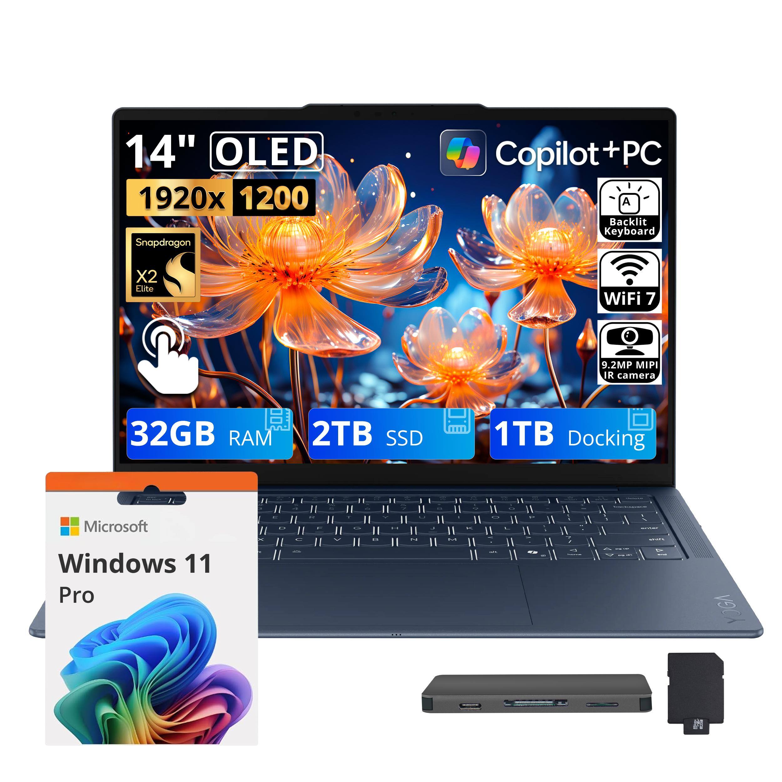 14" OLED 1920x1200  
Snapdragon X2 Elite  
Copilot + PC  
Backlit Keyboard  
WiFi 7  
9.2MP MIPI IR camera  
32GB RAM  
2TB SSD  
1TB Docking  
Microsoft Windows 11 Pro