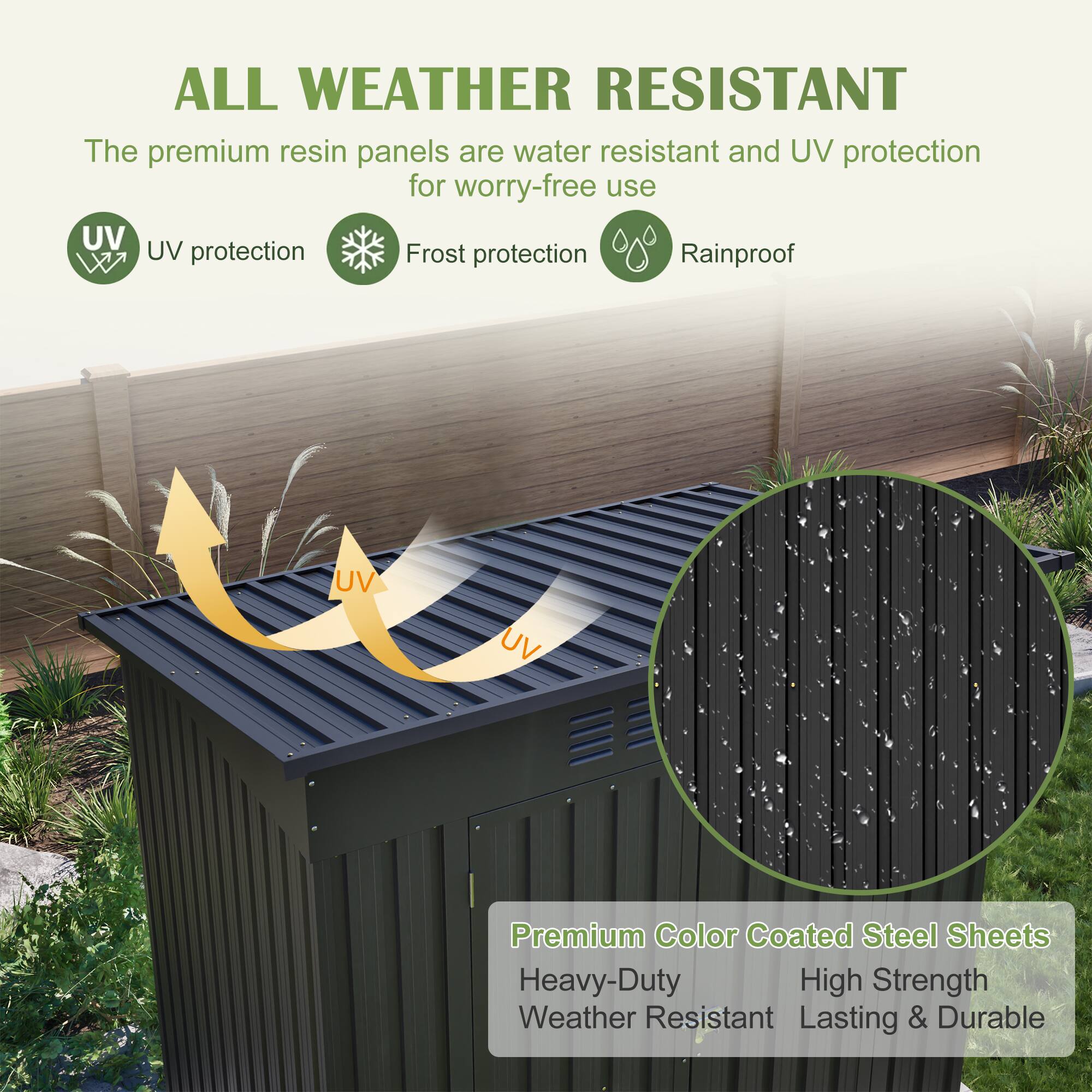 ALL WEATHER RESISTANT

The premium resin panels are water resistant and UV protection for worry-free use

- UV protection
- Frost protection
- Rainproof

Premium Color Coated Steel Sheets
- Heavy-Duty
- High Strength
- Weather Resistant
- Lasting & Durable