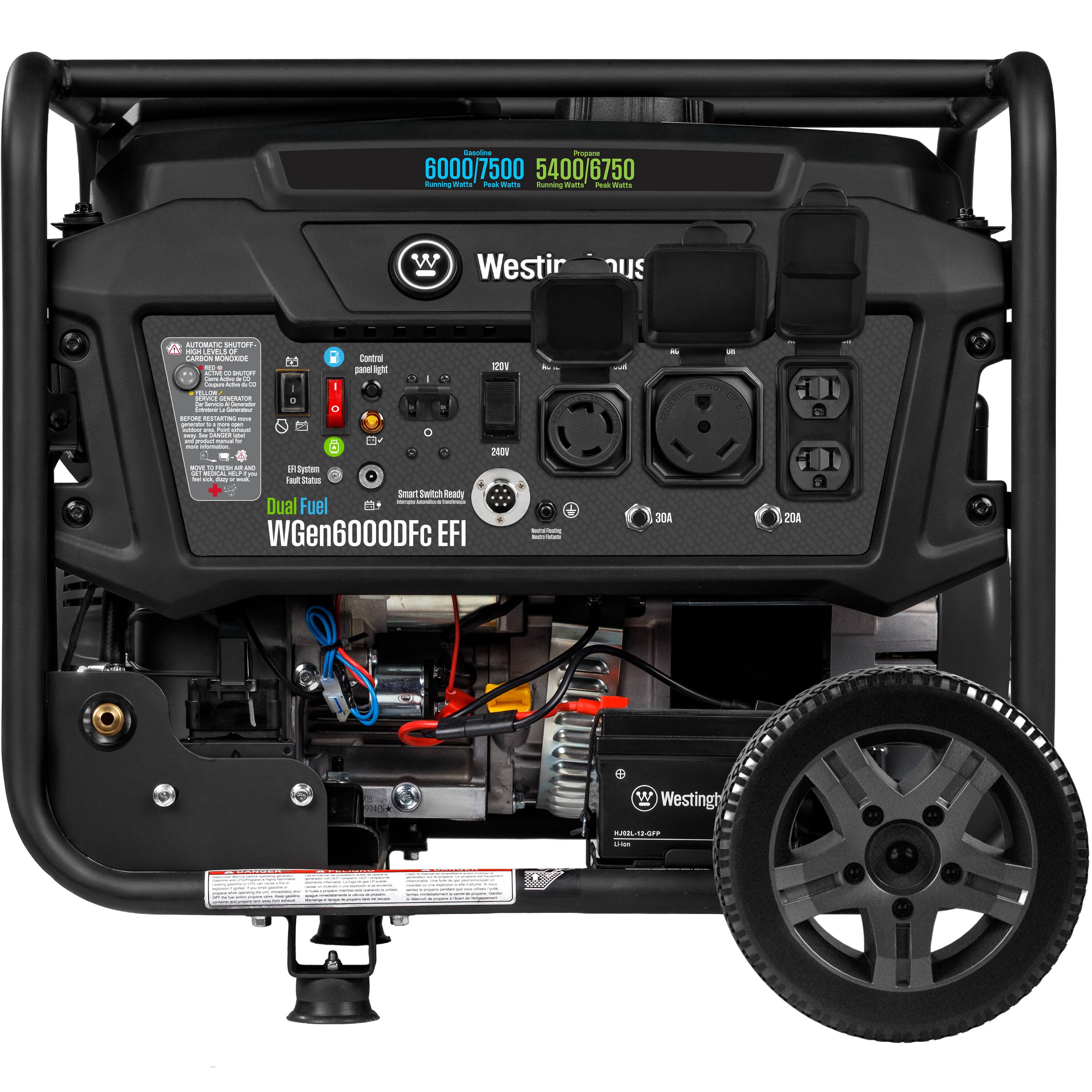 Gasoline Propane 6000/7500 (5400/6750) Running Watts Peak Watts Running Peak Watts

Westinghouse
AUTOMATIC SHUTOFF - NO CARBON MONOXIDE
ACTIVE CO BATCH GENERATOR
BEFORE STARTING more prevent fluit
1001 adidasy FIA Ingm minut ENDS Soy DANGER and - non information.

Control panel light
VISI 240V
1015 C - of AC R System [4] VEDEAL 02 OU ME un - a MILK Fault Status Smart Switch Ready servings hammeds Dual Fuel WGen6000DFc EFI

- Valuess
30A
20A
974.76k

Westinghouse
HJ02L-12-GFP