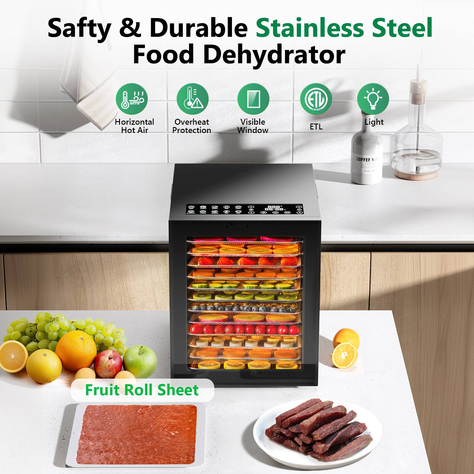 Safety & Durable Stainless Steel Food Dehydrator

- Horizontal Hot Air
- Overheat Protection
- Visible Window
- ETL
- Light

Fruit Roll Sheet