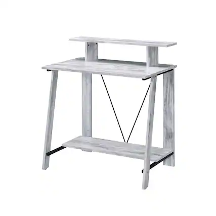 Front. Glintex - Rectangular Writing Desk with Upper and Lower Storage Shelves, Sturdy 15mm Panels and Metal V-Back Design - Black+Grey.