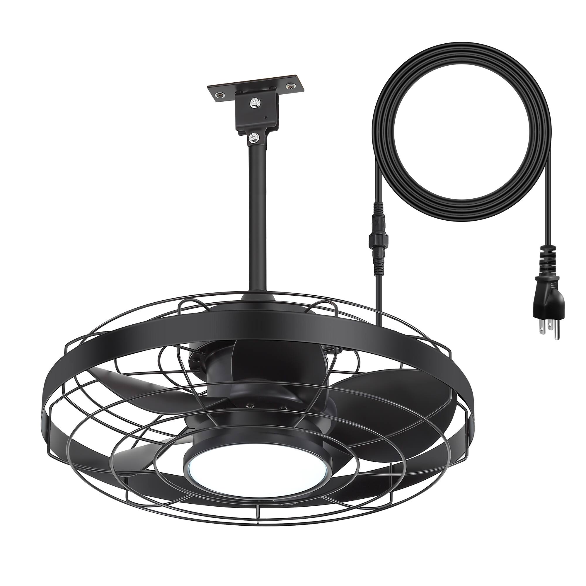 Angle. Breezary - 20 Inch Caged Ceiling Fan with Light and Remote, LED 3-Color Dimmable, 5 ABS Blades, 6&10 Inch Downrods Included - matte black and walnut.