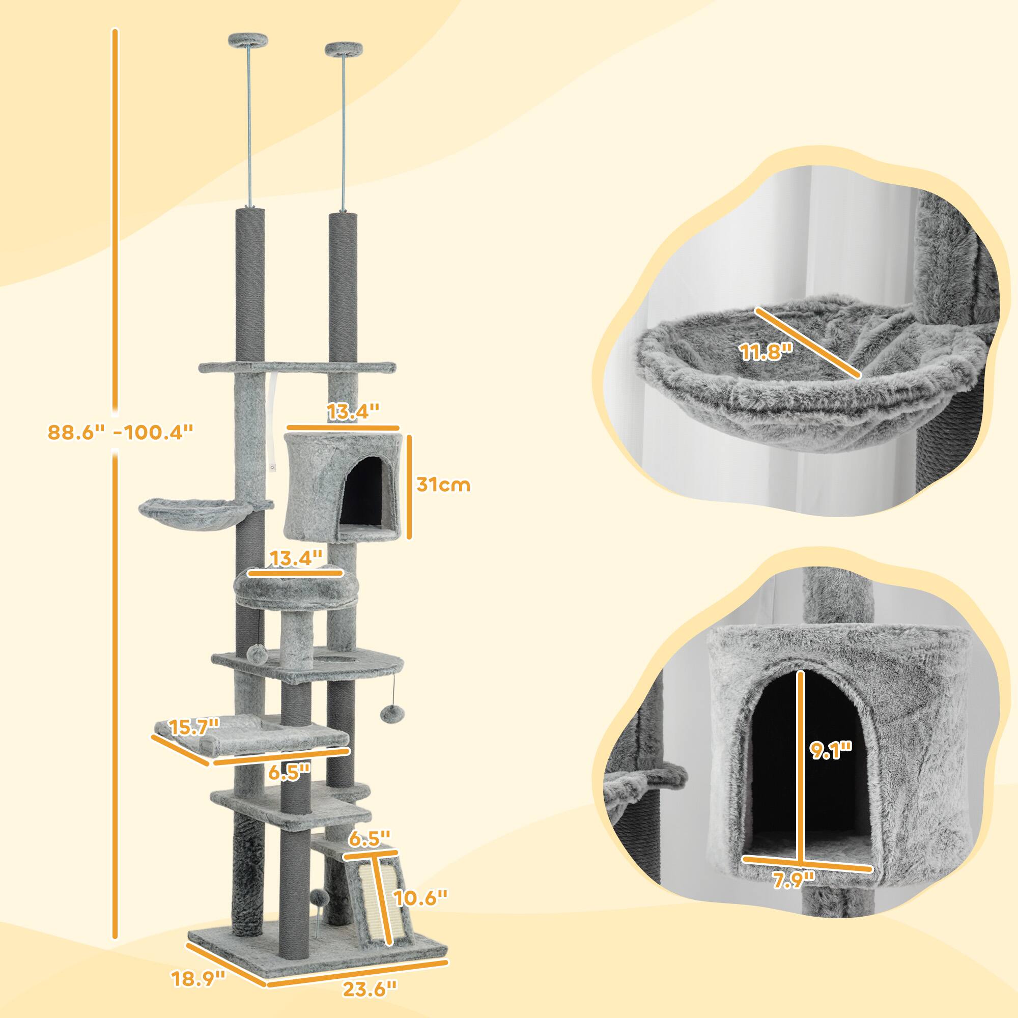 Left. Pawhut - 89"-100" Adjustable Floor to Ceiling Cat Tree, Climbing Tower Activity Center with Perch, Condo, Scratching Posts & Ramp - Gray.