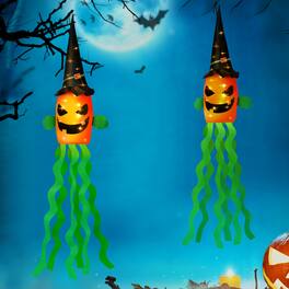 Oumilen - 2-Pack 53 Inch Lighted Halloween Pumpkin Windsock, Warm White LED Jack-O-Lantern Hanging Flag for Porch Yard Decor - Orange
