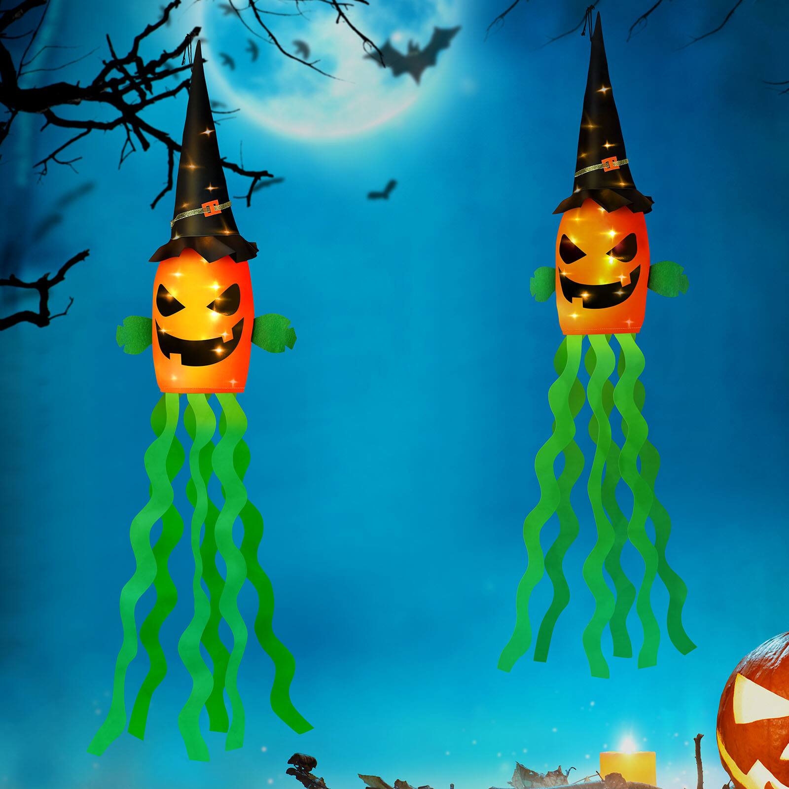 Front. Oumilen - 2-Pack 53 Inch Lighted Halloween Pumpkin Windsock, Warm White LED Jack-O-Lantern Hanging Flag for Porch Yard Decor - Orange.