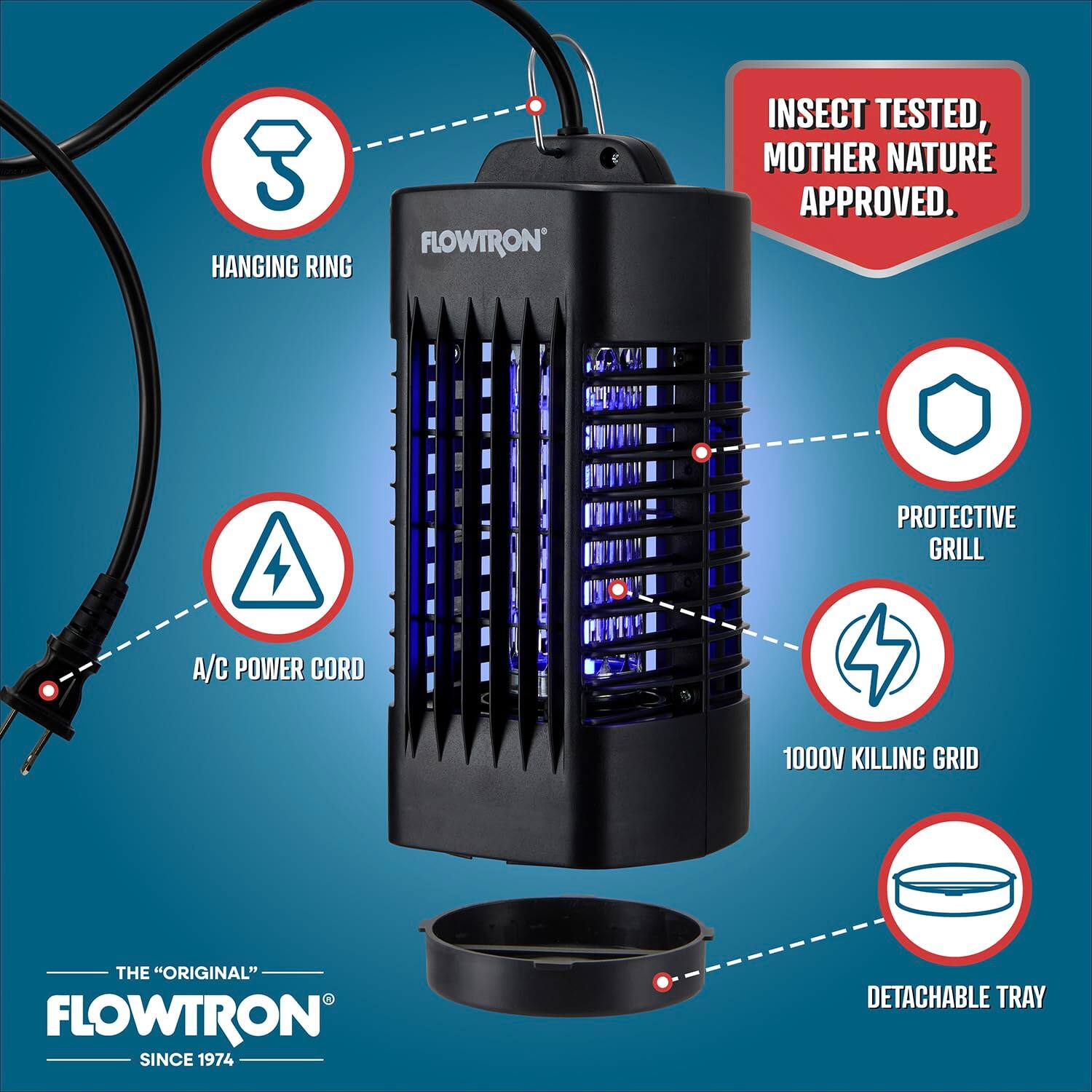 3 HANGING RING FLOWTRON INSECT TESTED, MOTHER NATURE APPROVED. PROTECTIVE GRILL A/C POWER CORD 1000V KILLING GRID THE "ORIGINAL" FLOWTRON SINCE 1974 DETACHABLE TRAY