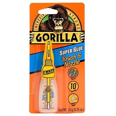 INCREDIBLY STRONG GORILLA SUPER GLUE NOZZLE & BRUSH NOZZLE 2 WAYS! TO BRUSH & NOZZLE 10 SECONDS GLUE BOND Impact Resistant Net Wt. 10 g (0.35 oz)