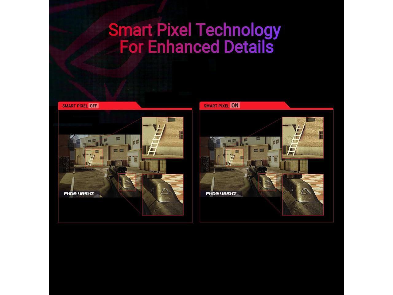 Smart Pixel Technology For Enhanced Details

SMART PIXEL OFF

SMART PIXEL ON

FHD@ 485HZ

FHD@ 485HZ