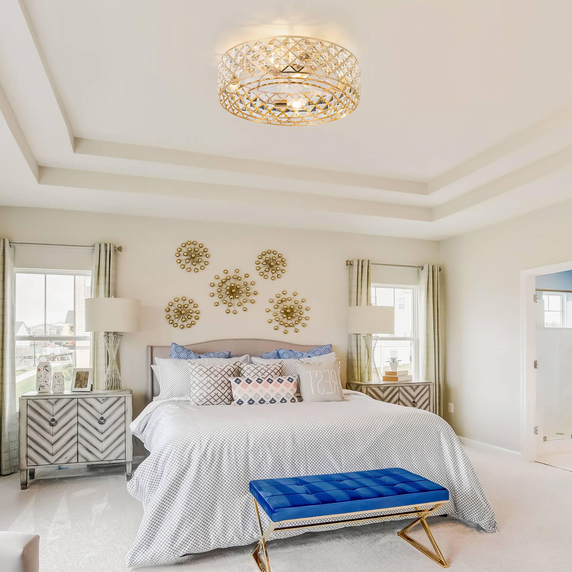 Alt View 1. Breezary - 19-Inch Ceiling Fan with Crystal Cage Shade, 7 Transparent ABS Blades, DC Motor, 6-Speed Remote Control, Timer, E26 Base - Gold.